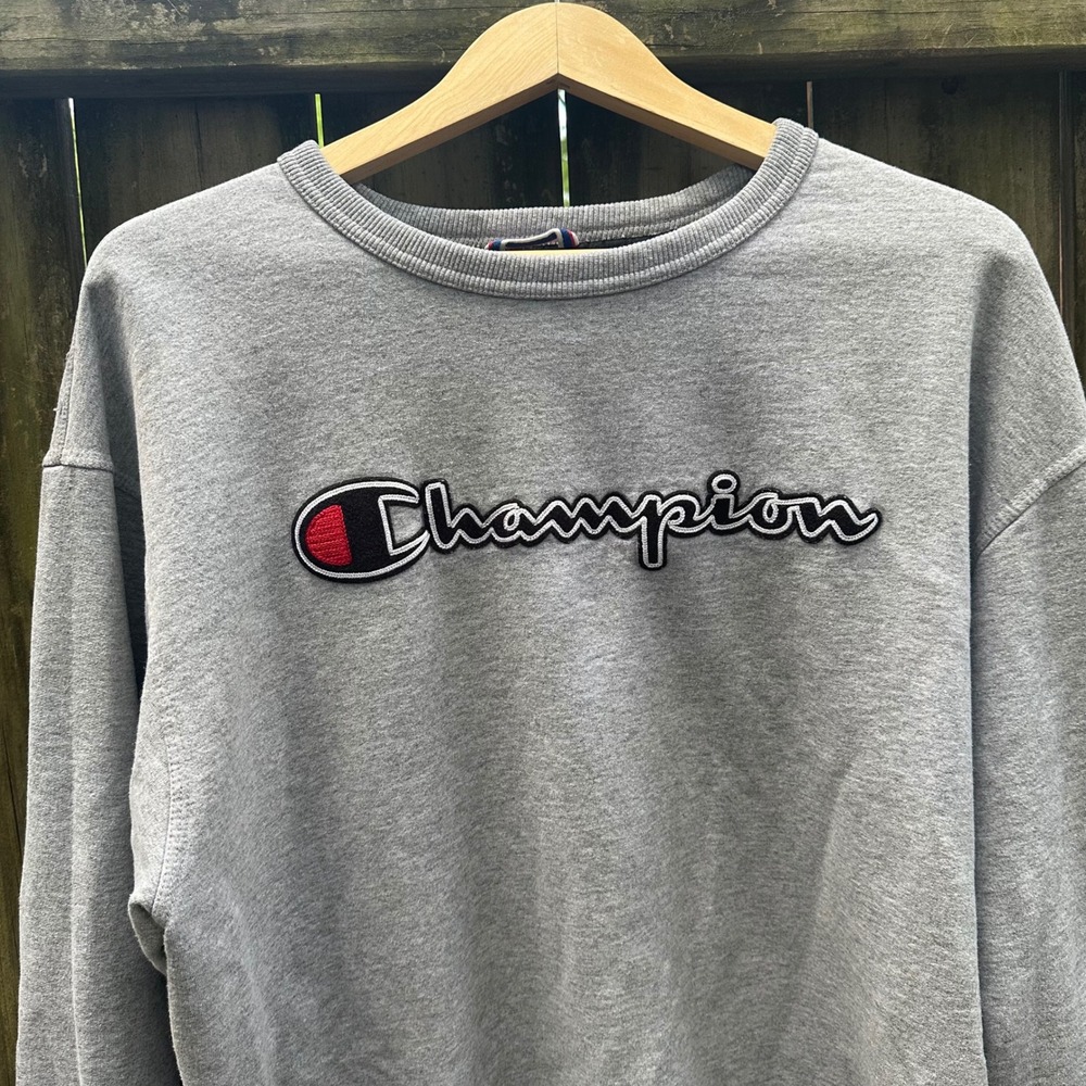 Champion Powerblend Script Logo Crewneck Sweatshirt Gray Pullover Fleece Size XL - Picture 3 of 11